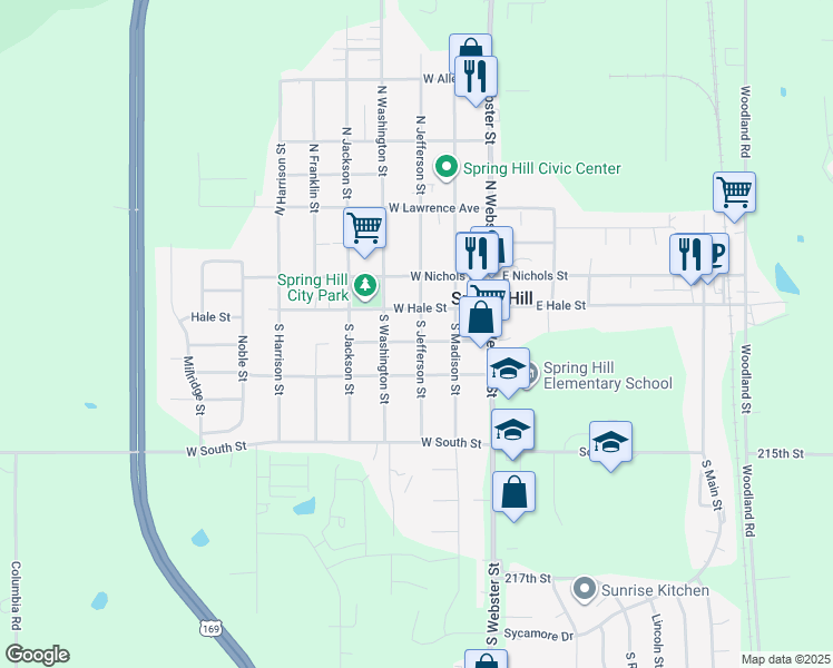 map of restaurants, bars, coffee shops, grocery stores, and more near 300 West Johnson Street in Spring Hill