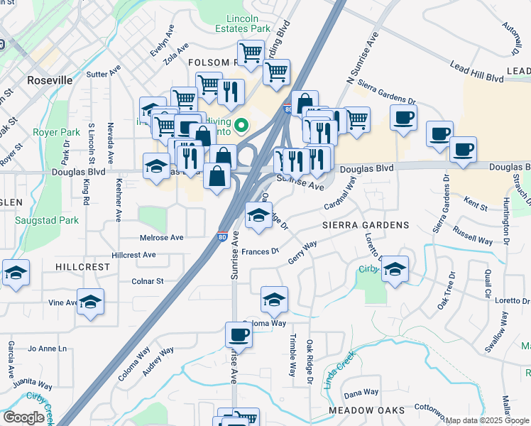 map of restaurants, bars, coffee shops, grocery stores, and more near 310 Oak Ridge Drive in Roseville