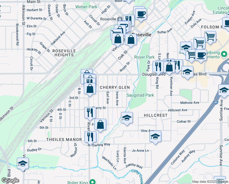 map of restaurants, bars, coffee shops, grocery stores, and more near 200 Irene Avenue in Roseville