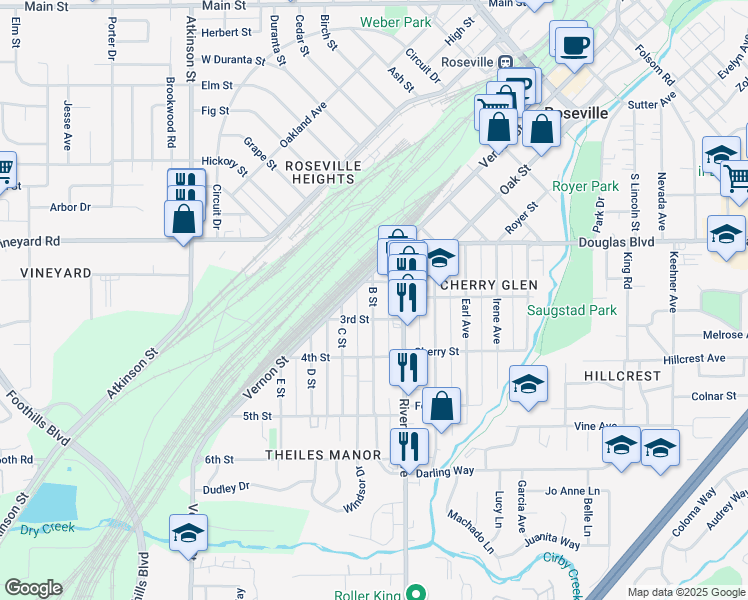 map of restaurants, bars, coffee shops, grocery stores, and more near 109 B Street in Roseville