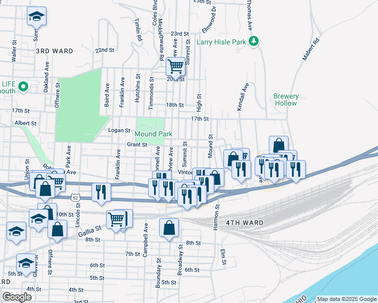 map of restaurants, bars, coffee shops, grocery stores, and more near 1418 Summit St in Portsmouth