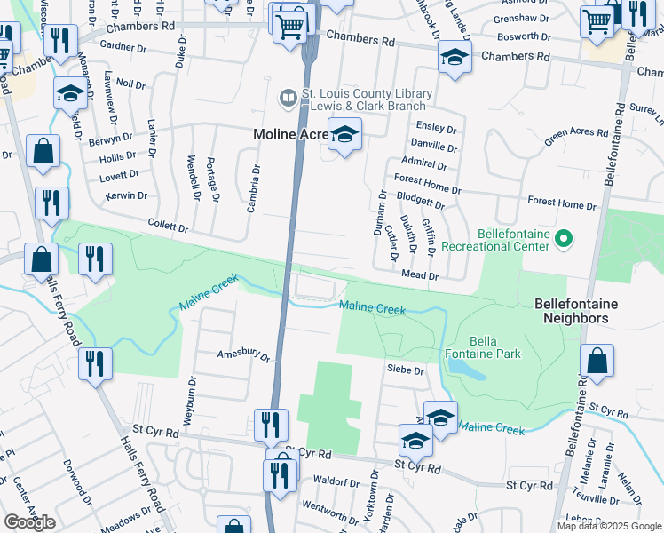 map of restaurants, bars, coffee shops, grocery stores, and more near 1208 Prestige Lane in St. Louis