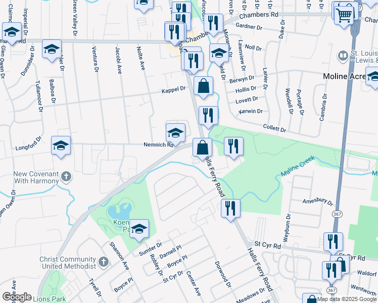 map of restaurants, bars, coffee shops, grocery stores, and more near 2152 Nemnich Road in St. Louis