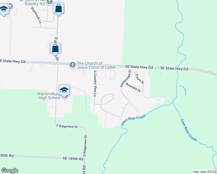 map of restaurants, bars, coffee shops, grocery stores, and more near 1810 Villa Drive in Warrensburg