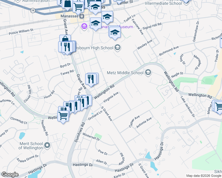 map of restaurants, bars, coffee shops, grocery stores, and more near 9912 Wellington Road in Manassas