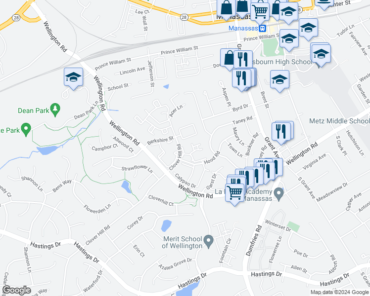 map of restaurants, bars, coffee shops, grocery stores, and more near 9179 Burnet Court in City of Manassas