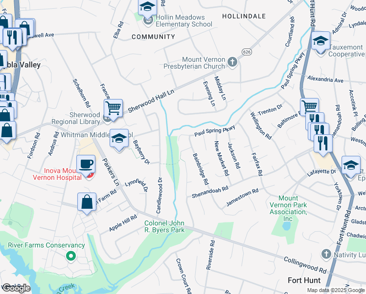 map of restaurants, bars, coffee shops, grocery stores, and more near 2202 Colonial Woods Drive in Alexandria