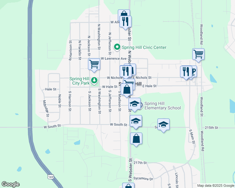 map of restaurants, bars, coffee shops, grocery stores, and more near 209 South Madison Street in Spring Hill