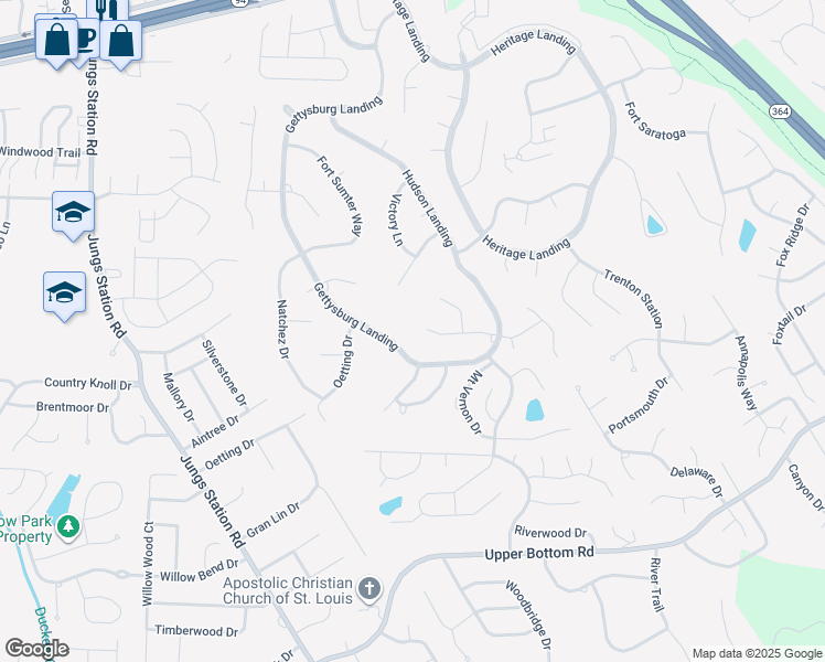 map of restaurants, bars, coffee shops, grocery stores, and more near 1616 Burnside Lane in Saint Charles