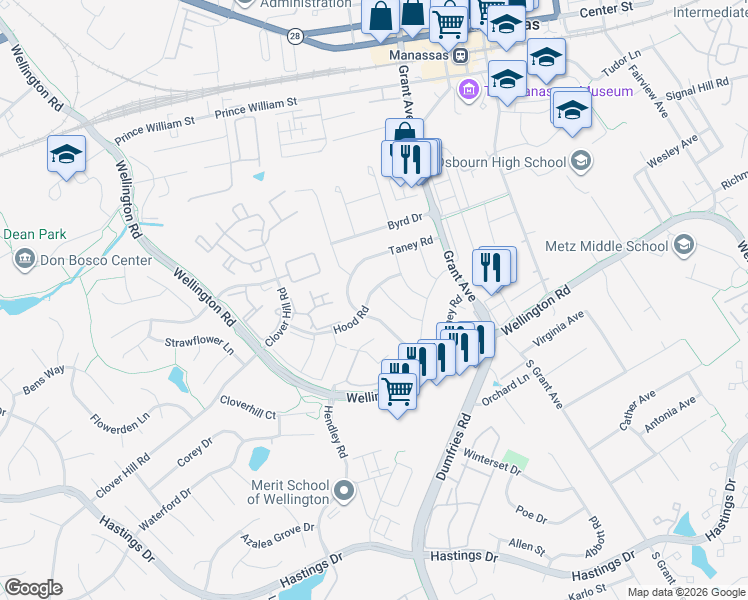 map of restaurants, bars, coffee shops, grocery stores, and more near 9241 Hood Road in Manassas