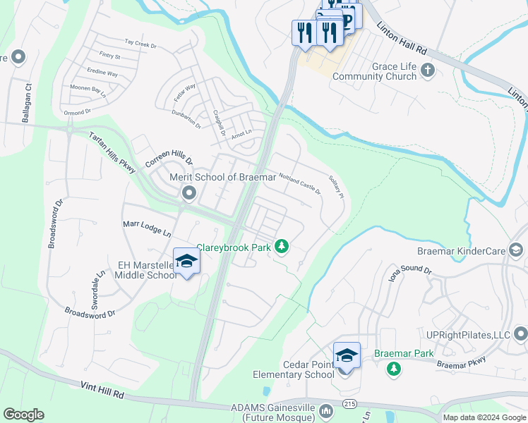 map of restaurants, bars, coffee shops, grocery stores, and more near 9876 Sounding Shore Lane in Bristow