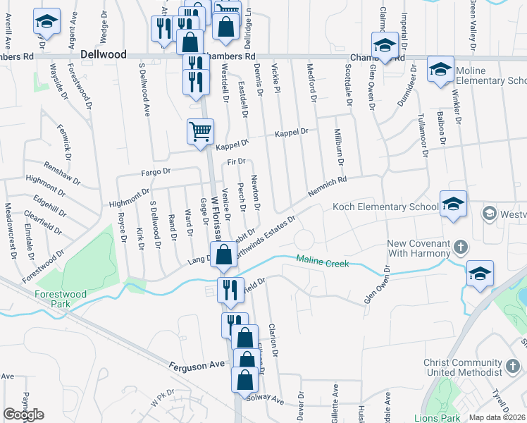 map of restaurants, bars, coffee shops, grocery stores, and more near 9614 Newton Dr in St Louis