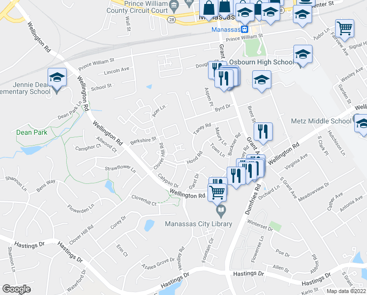 map of restaurants, bars, coffee shops, grocery stores, and more near 9133 Verbena Court in Manassas