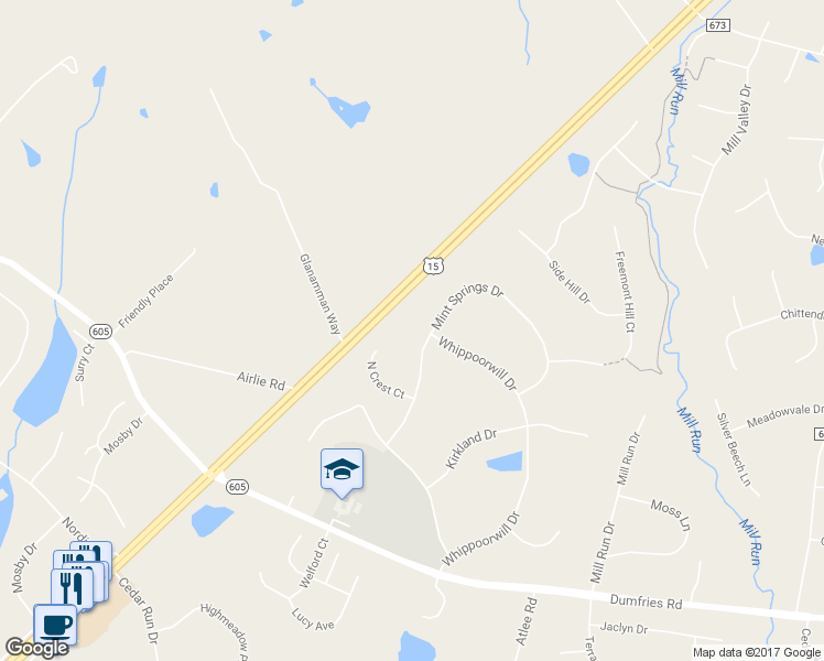 map of restaurants, bars, coffee shops, grocery stores, and more near 6200 Mint Springs Drive in Warrenton