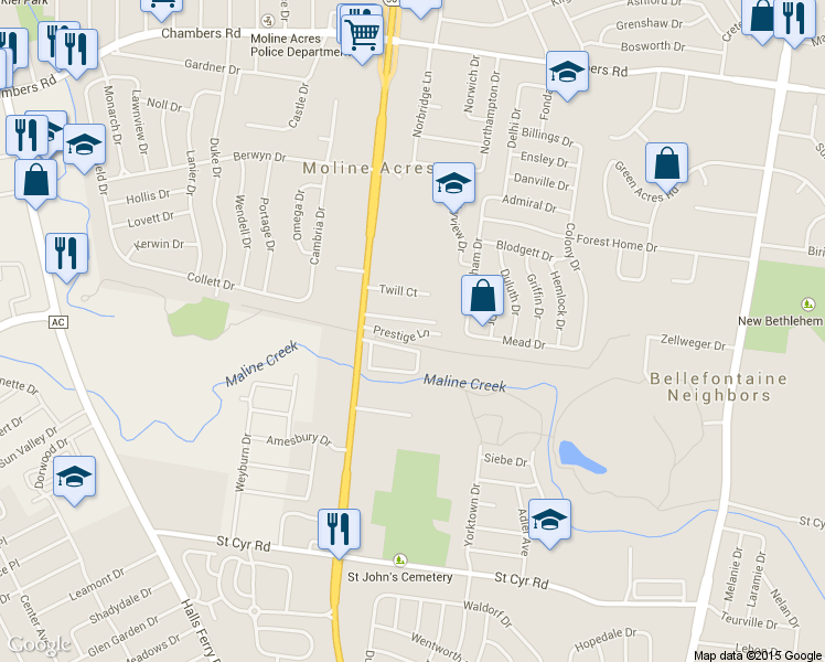 map of restaurants, bars, coffee shops, grocery stores, and more near 1208 Prestige Lane in St. Louis