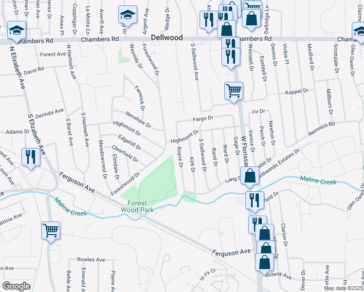 map of restaurants, bars, coffee shops, grocery stores, and more near 242 Royce Drive in Ferguson
