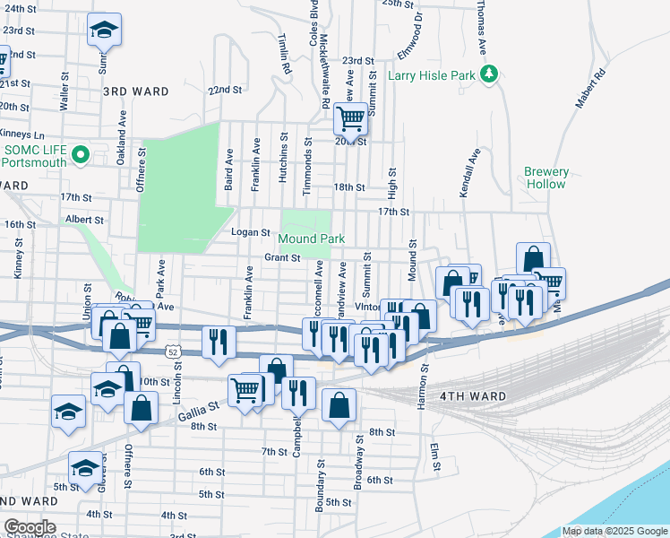 map of restaurants, bars, coffee shops, grocery stores, and more near 1413 Grandview Avenue in Portsmouth