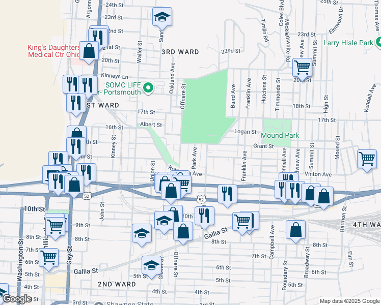 map of restaurants, bars, coffee shops, grocery stores, and more near 1411 Park Avenue in Portsmouth