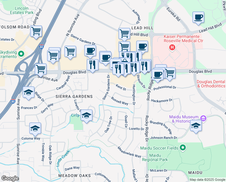 map of restaurants, bars, coffee shops, grocery stores, and more near 1707 Tanglewood Lane in Roseville