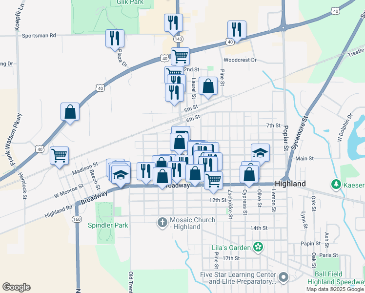 map of restaurants, bars, coffee shops, grocery stores, and more near 808 Laurel St in Highland