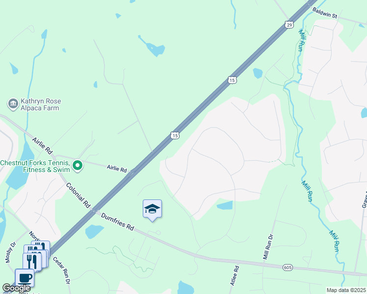 map of restaurants, bars, coffee shops, grocery stores, and more near 6200 Mint Springs Drive in Warrenton