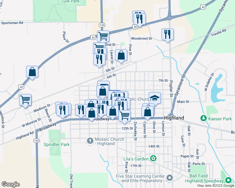 map of restaurants, bars, coffee shops, grocery stores, and more near 809 Washington Street in Highland