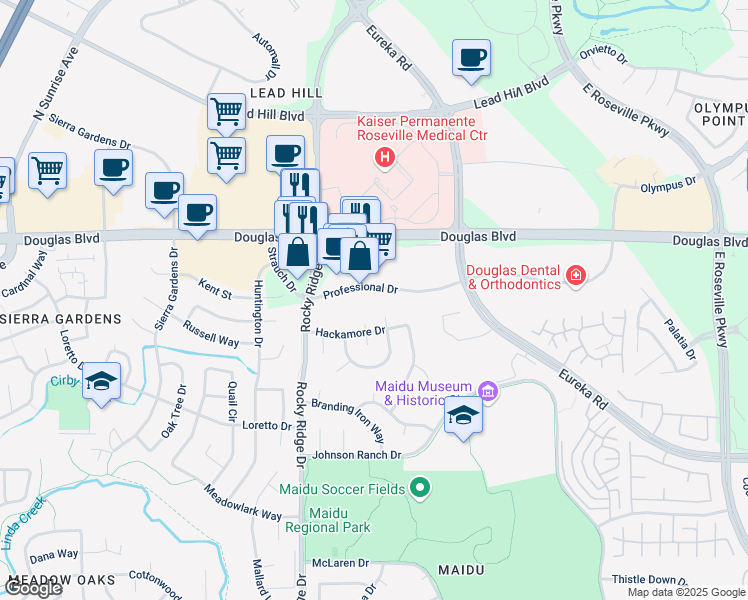map of restaurants, bars, coffee shops, grocery stores, and more near 2120 Professional Drive in Roseville