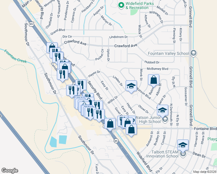map of restaurants, bars, coffee shops, grocery stores, and more near 117 Easy Street in Colorado Springs