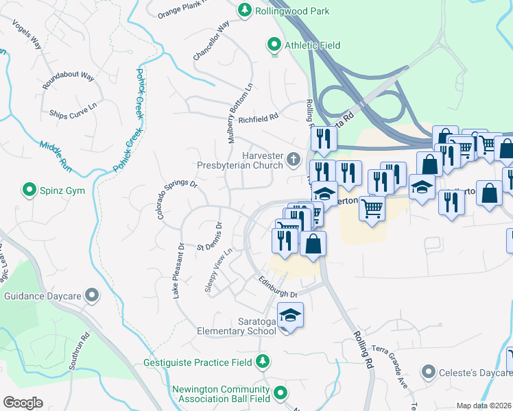 map of restaurants, bars, coffee shops, grocery stores, and more near 7926 Edinburgh Drive in Springfield