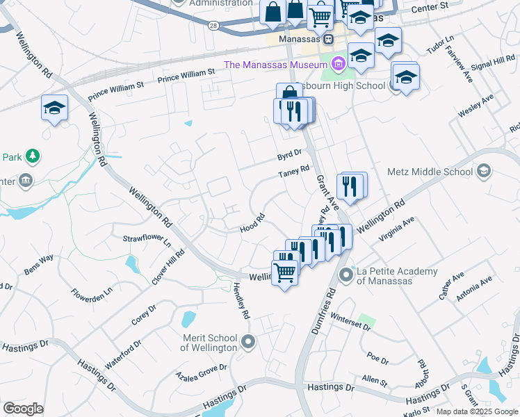 map of restaurants, bars, coffee shops, grocery stores, and more near 9252 Hood Road in Manassas