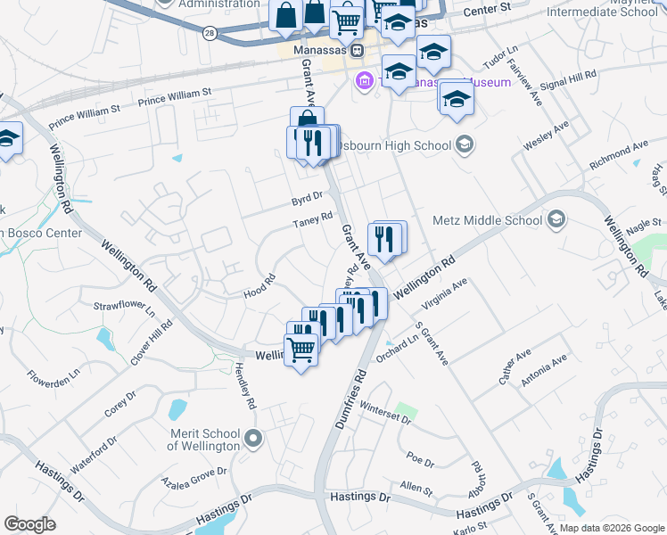 map of restaurants, bars, coffee shops, grocery stores, and more near 9827 Buckner Road in Manassas