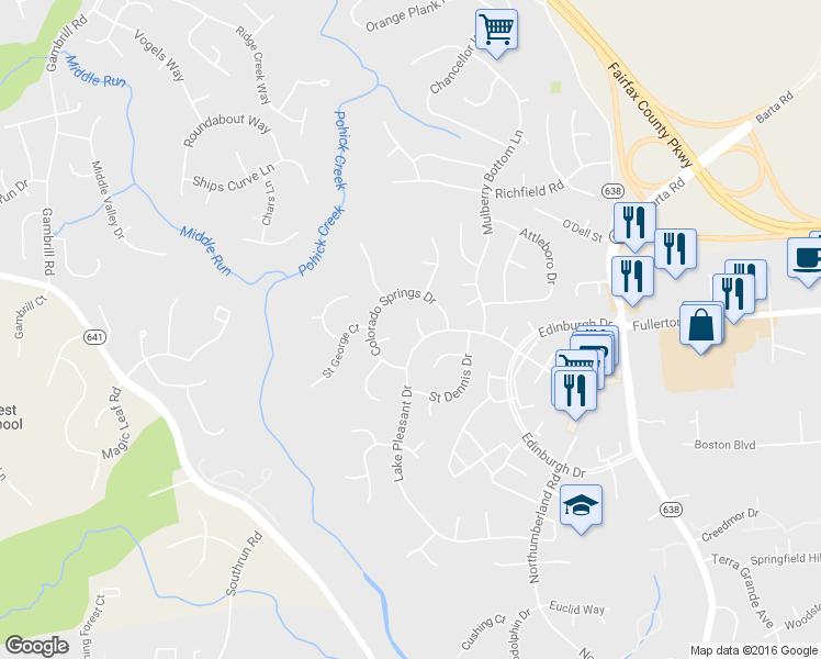 map of restaurants, bars, coffee shops, grocery stores, and more near 7904 Marysia Court in Springfield