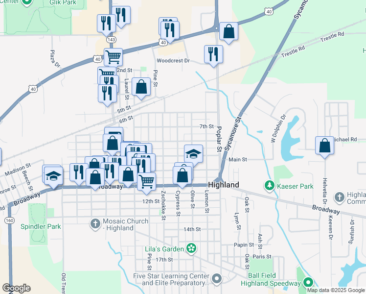 map of restaurants, bars, coffee shops, grocery stores, and more near 1306 8th Street in Highland