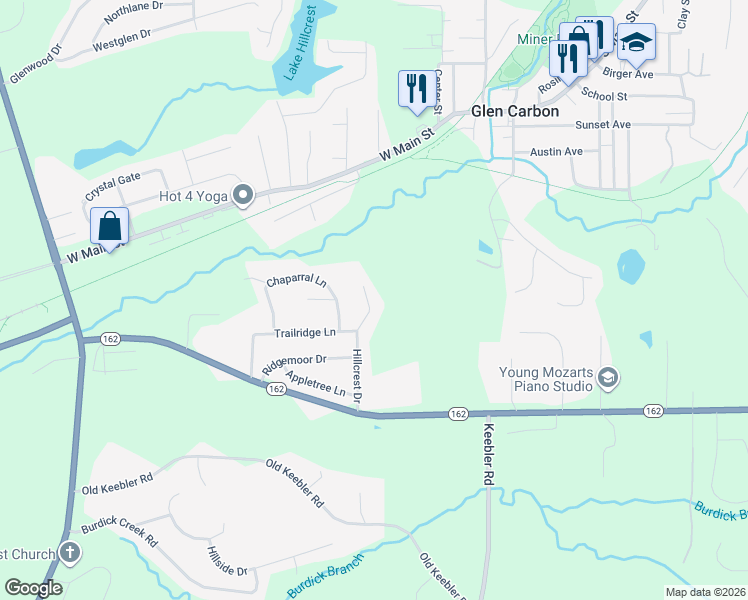 map of restaurants, bars, coffee shops, grocery stores, and more near 200 Hillcrest Drive in Glen Carbon