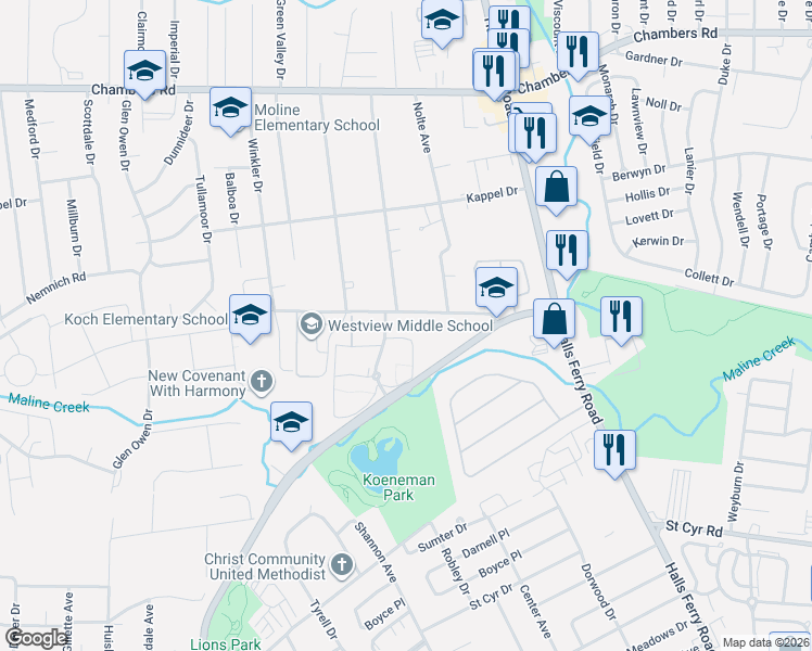 map of restaurants, bars, coffee shops, grocery stores, and more near 2046 Nemnich Road in St. Louis