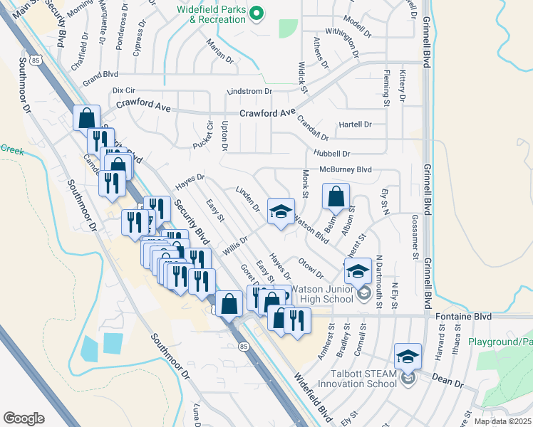 map of restaurants, bars, coffee shops, grocery stores, and more near 99 Linden Drive in Colorado Springs