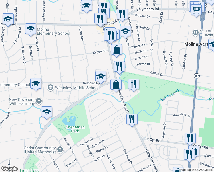 map of restaurants, bars, coffee shops, grocery stores, and more near 3450 Lucas-Hunt Road in St. Louis