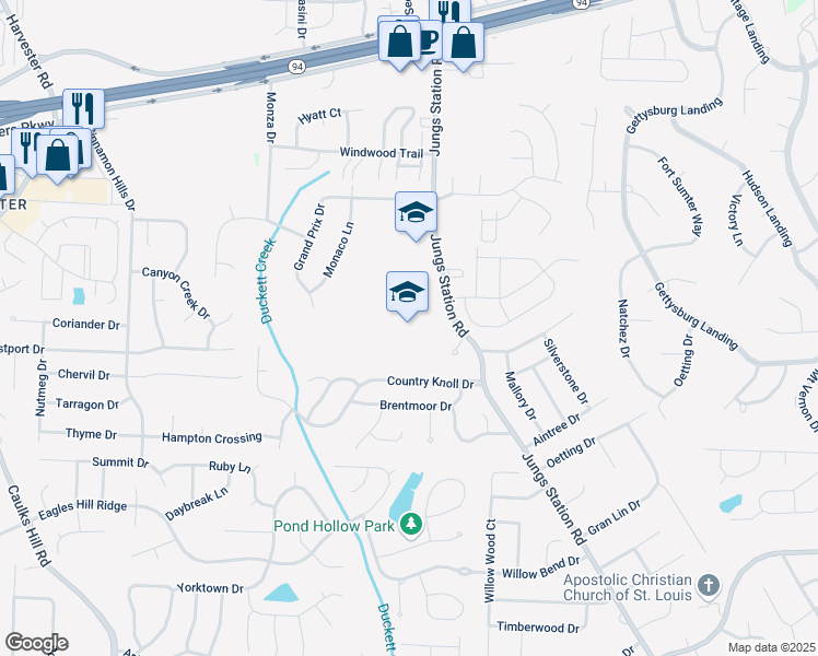 map of restaurants, bars, coffee shops, grocery stores, and more near 1035 Jungs Station Road in Saint Charles