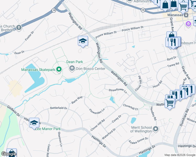 map of restaurants, bars, coffee shops, grocery stores, and more near 10128 Lavender Flower Court in Manassas