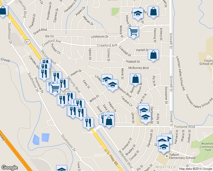 map of restaurants, bars, coffee shops, grocery stores, and more near 97 Linden Drive in Colorado Springs