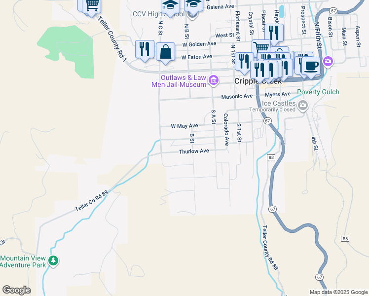 map of restaurants, bars, coffee shops, grocery stores, and more near 312 Thurlow Avenue in Cripple Creek