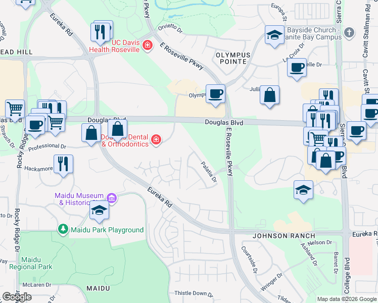 map of restaurants, bars, coffee shops, grocery stores, and more near 101 Palatia Court in Roseville