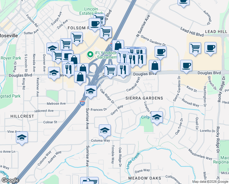 map of restaurants, bars, coffee shops, grocery stores, and more near 1401 Cardinal Way in Roseville