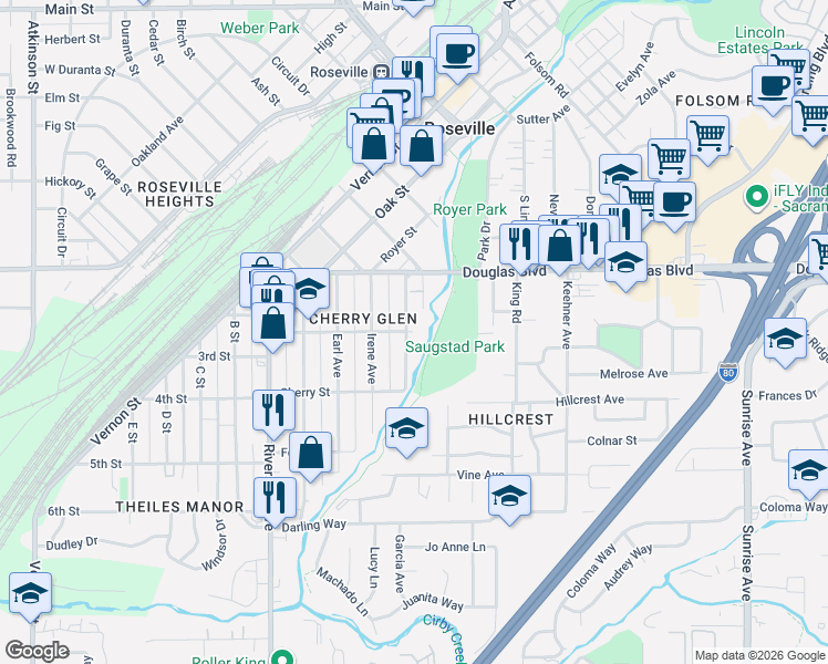 map of restaurants, bars, coffee shops, grocery stores, and more near 422 Bonita Street in Roseville