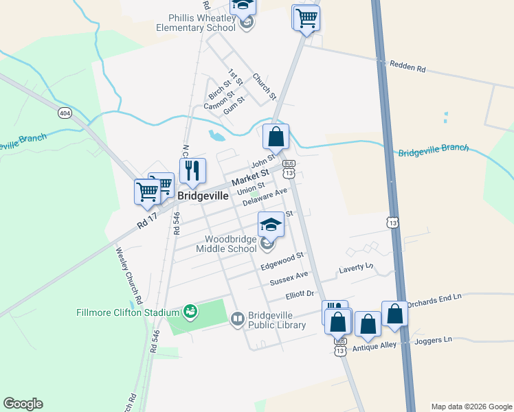 map of restaurants, bars, coffee shops, grocery stores, and more near 205 Delaware Avenue in Bridgeville