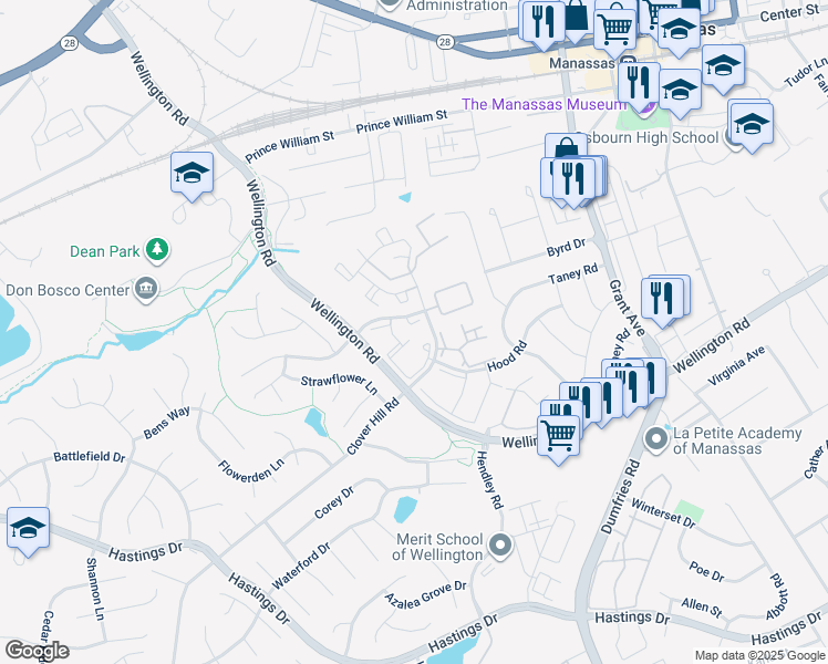 map of restaurants, bars, coffee shops, grocery stores, and more near 9249 Berkshire Street in Manassas