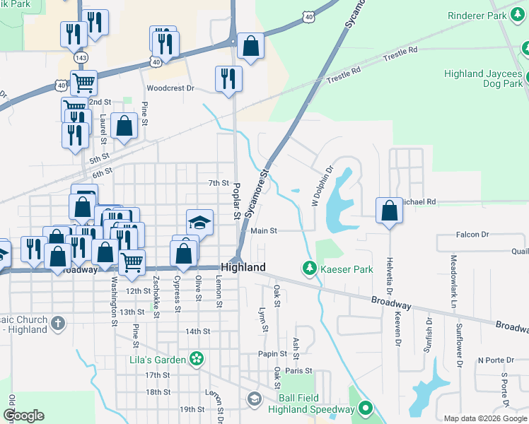 map of restaurants, bars, coffee shops, grocery stores, and more near 805 Sycamore Street in Highland