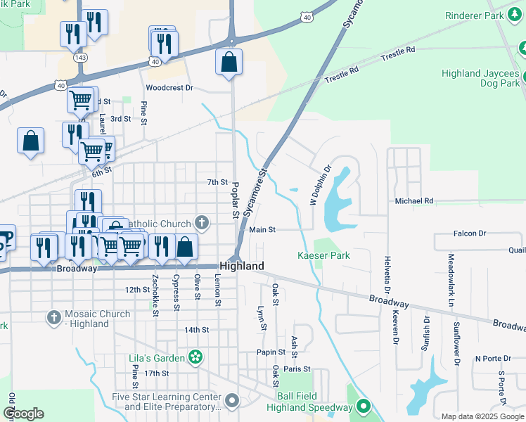 map of restaurants, bars, coffee shops, grocery stores, and more near 805 Sycamore Street in Highland