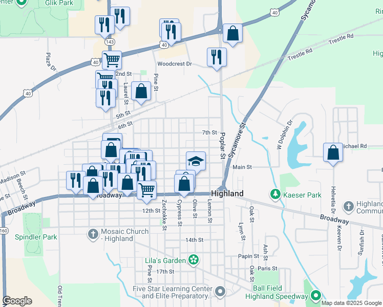 map of restaurants, bars, coffee shops, grocery stores, and more near 1306 8th Street in Highland