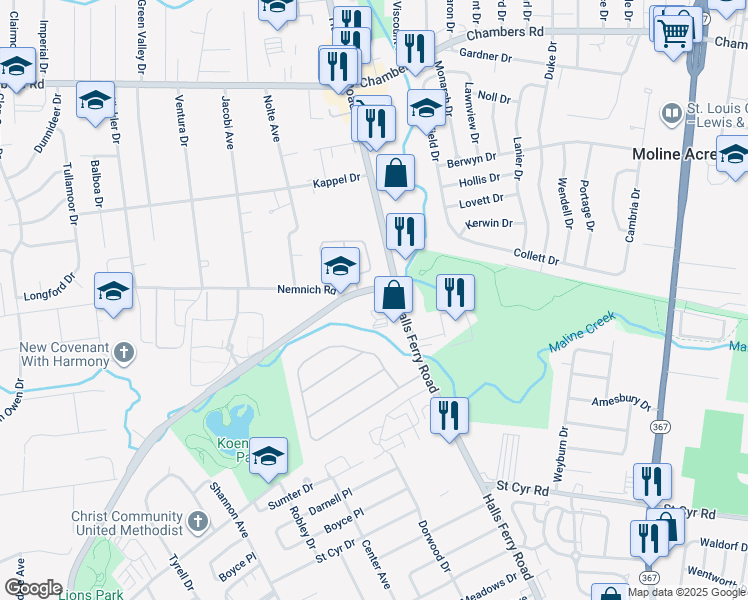 map of restaurants, bars, coffee shops, grocery stores, and more near 2152 Nemnich Road in St. Louis